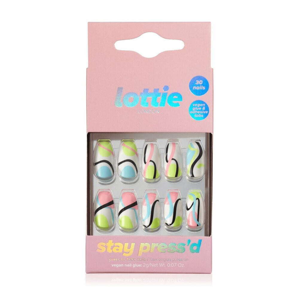 Lottie London Stay Press'd, Press On Nails Set, Pastel Waves-squareletto shape,